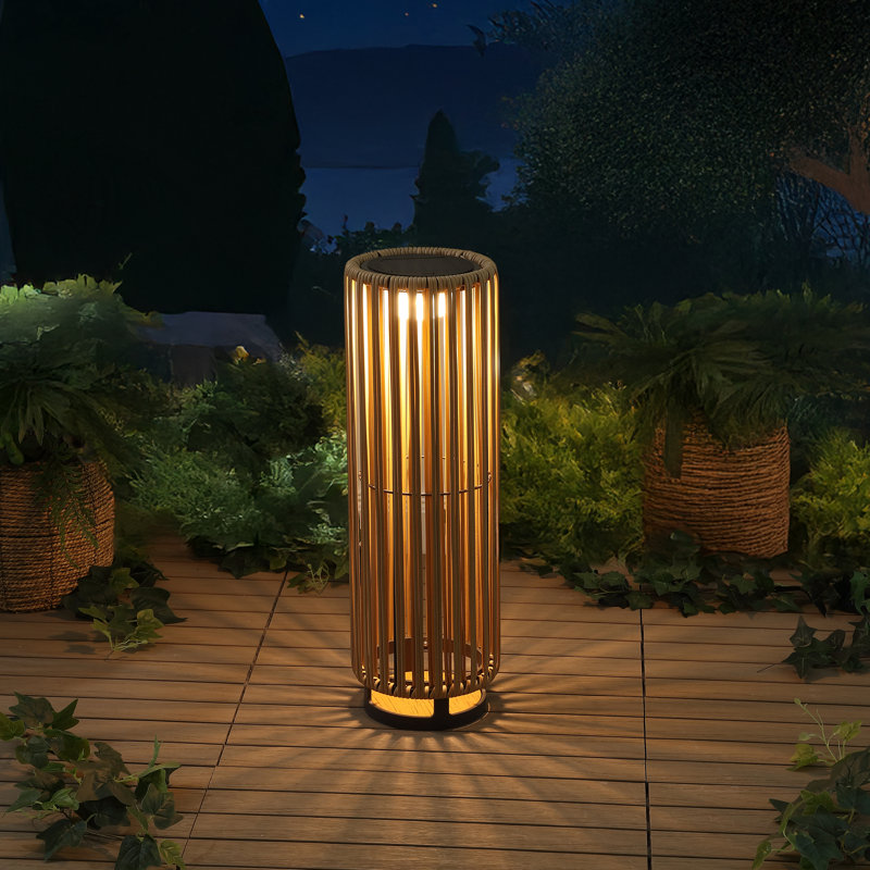 Sawara 26.75" Modern Minimalist Faux Rattan Integrated Indoor/Outdoor LED Solar Powered Lantern, Natural