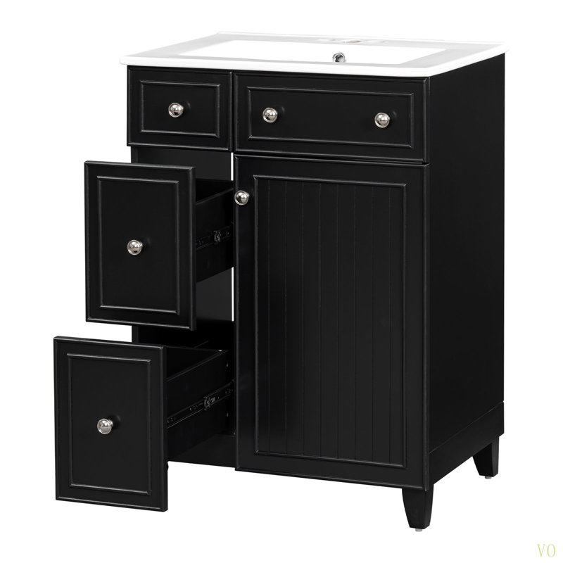Armoire de meuble-lavabo 24 po avec lavabo en céramique, 2 tiroirs, 1 porte, Noir