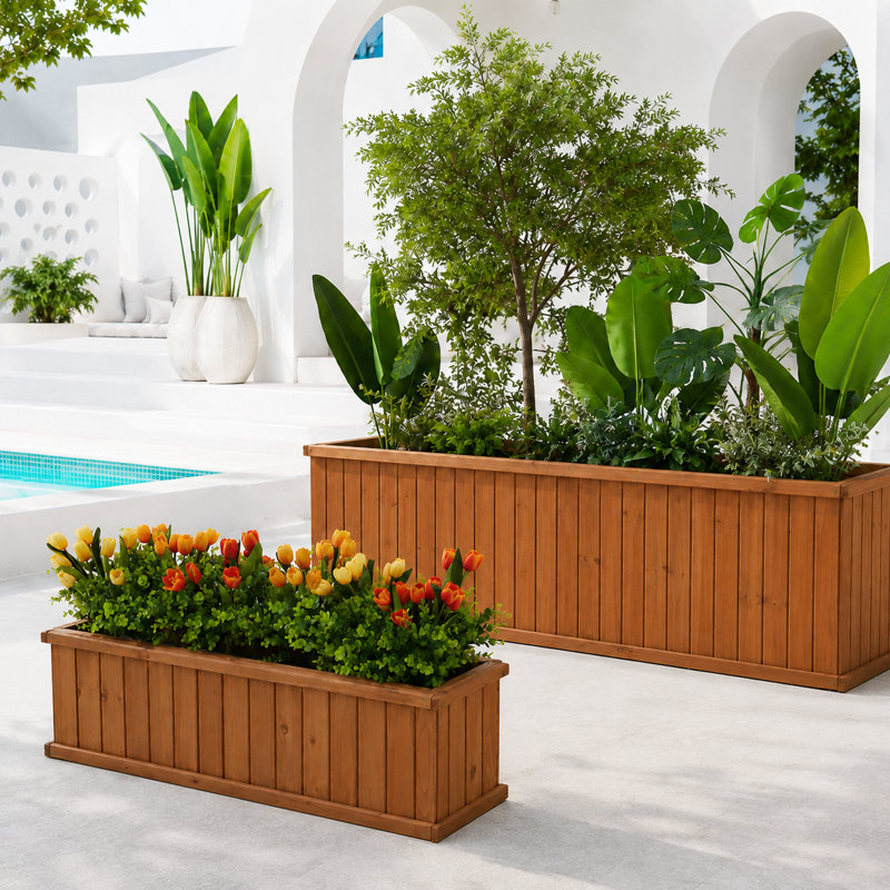 2-Piece Cedar Wood Outdoor Planter Box Set with Drainage, 40-Inch and 72-Inch Rectangular, Brown