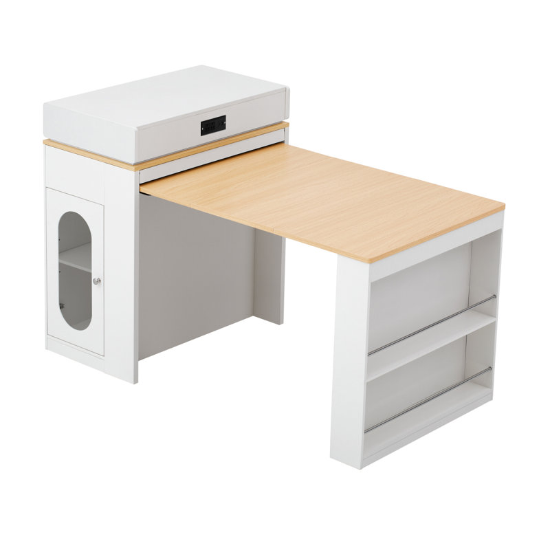 Table de salle à manger extensible avec plateau rabattable, prise de courant intégrée, tiroirs de rangement, roulettes et crochets de suspension pour une utilisation polyvalente dans la cuisine et la salle à manger.