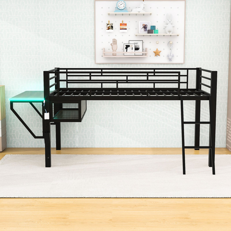 Lit de jeu Loft avec bureau éclairé à DEL et tablette de rangement, Simple