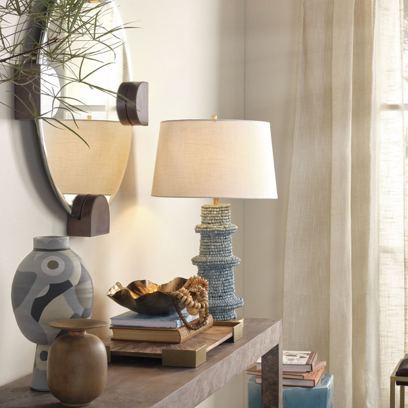 Rowan Wood Beaded Table Lamp with Linen Shade, Blue, Blue