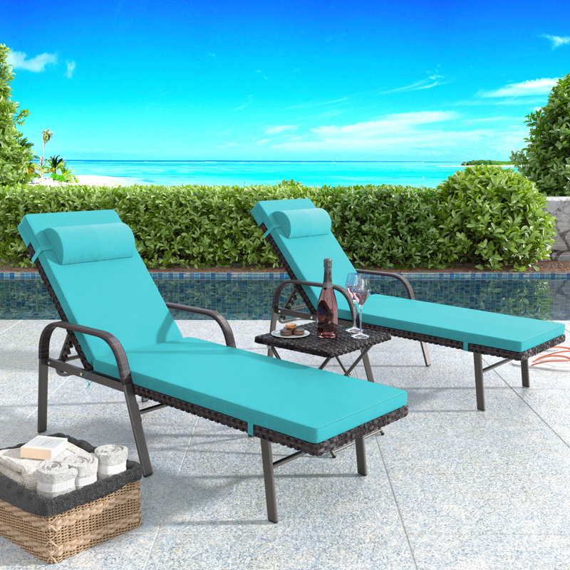 3-Piece All-Weather HDPE Wicker Chaise Lounge Set with Six-Position Adjustable Back & High-Resilience Foam Cushions, Teal