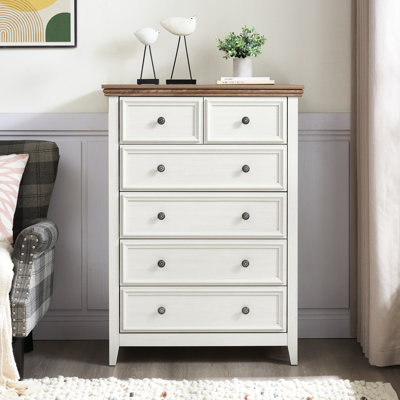 Commode de salon beige à 6 tiroirs - Vaste commode de rangement avec poignées en métal de style armoire et poignée rétro