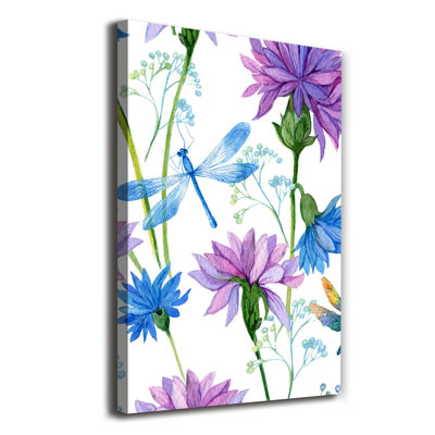Flowers And Dragonflies - Wrapped Canvas Print
