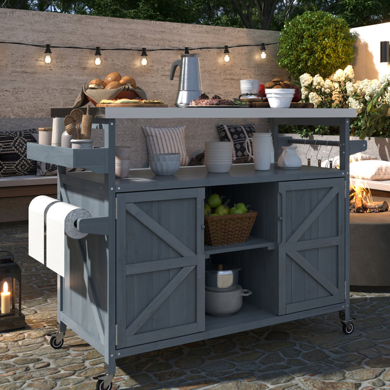 Bar de luxe pour l'extérieur: acier inoxydable et bois. Vaste espace de rangement. 4 roues verrouillables. Gris-bleu Table gril porte-serviettes avec tablette ouverte
