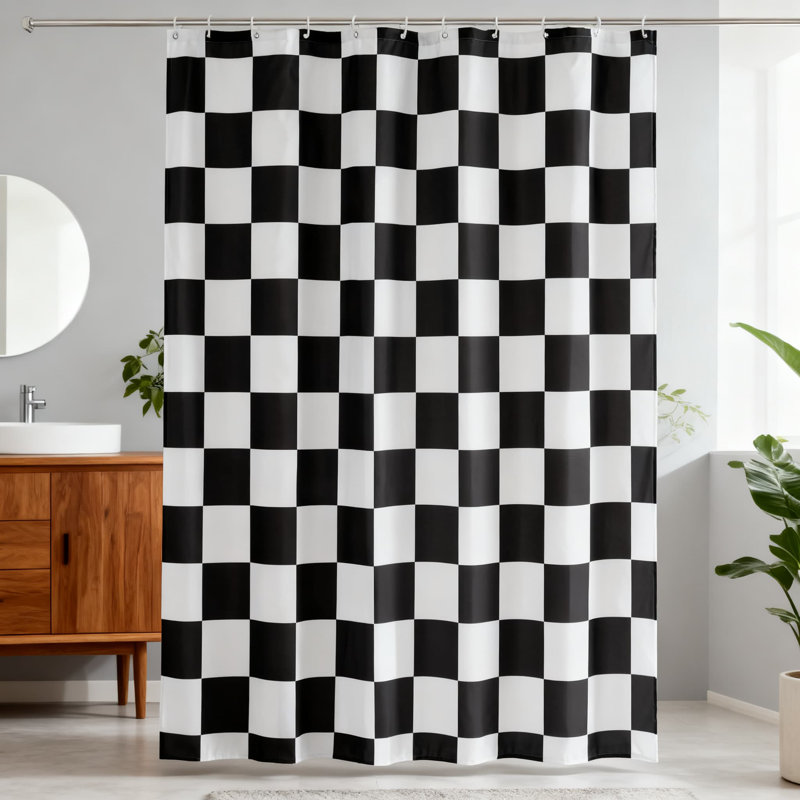 Vintage Checkerboard Shower Curtain, Washable Fabric Bathroom Decor, Waterproof Polyester No Liner Needed, Black