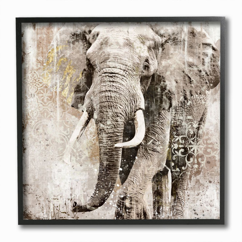 «Elephant Gold Neutral Animal», impression, Giclée encadrée noir minuit, H 12 po x l 12 po x P 1,5 po