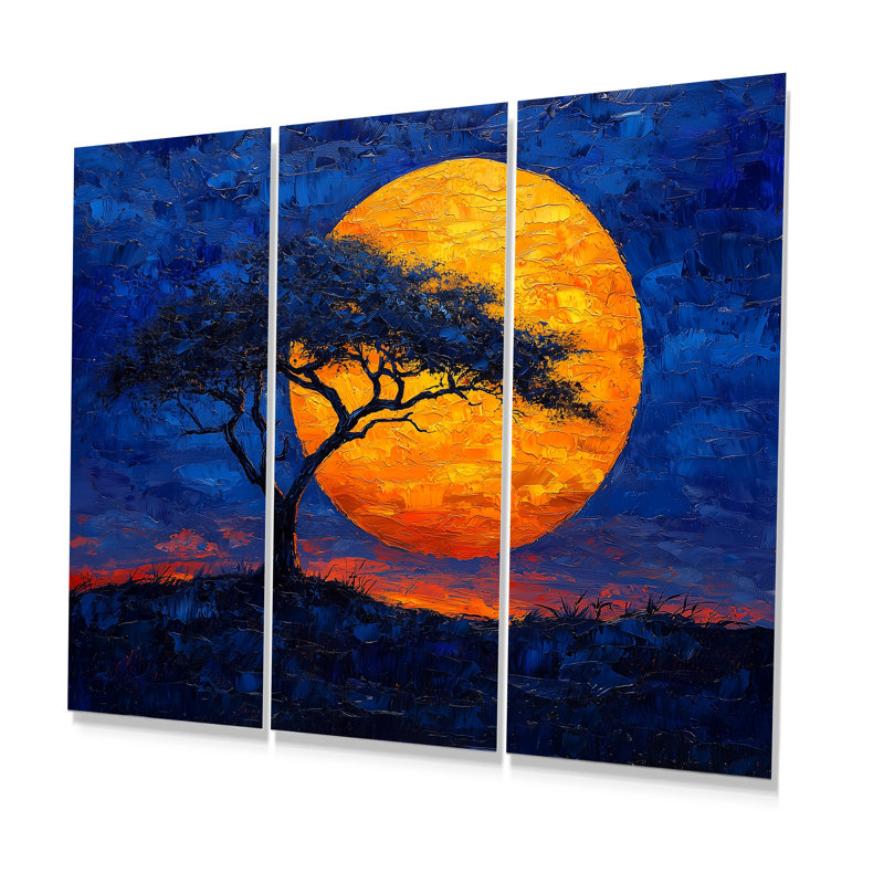 Silhouette de Serengeti jaune, arbre africain, ensemble de salon art mural africain, Métal métal, H 40 po x l 60 po x P 1 po