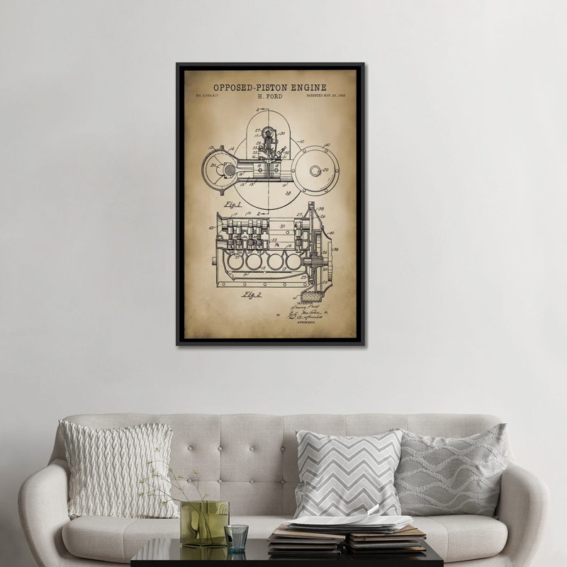 « opposed-moteur à piston », impression sur toile, H 60 po x l 40po x P 1,5 po, Toile avec cadre noir, Pas de tapis
