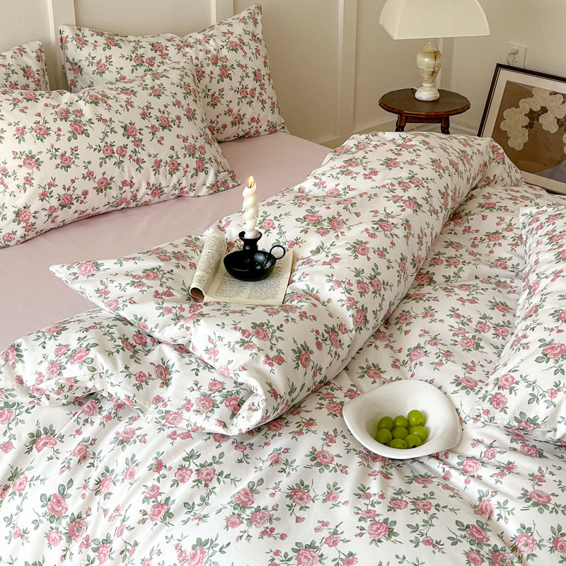 Microfiber Comforter Set, Full Comforter + 2 Standard Shams, White/Pink/Green Floral