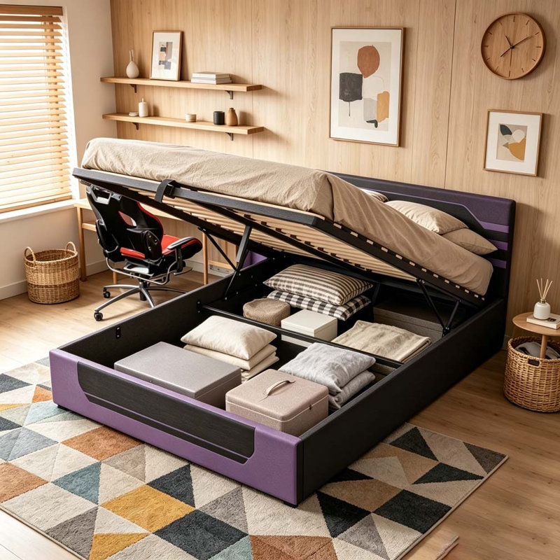 Base de lit de jeu hydraulique moderne, Mauve et noir