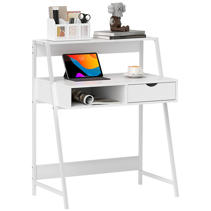Bureau personnel, bureau d'ordinateur pour petits espaces, table d'écriture avec tiroir et tablettes de rangement, blanc