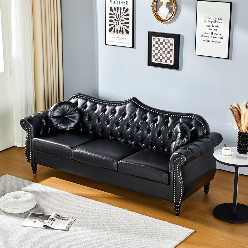 Bilbil 82.67'' Faux Leather Sofa With 2 Toss Pillows, Black Faux Leather