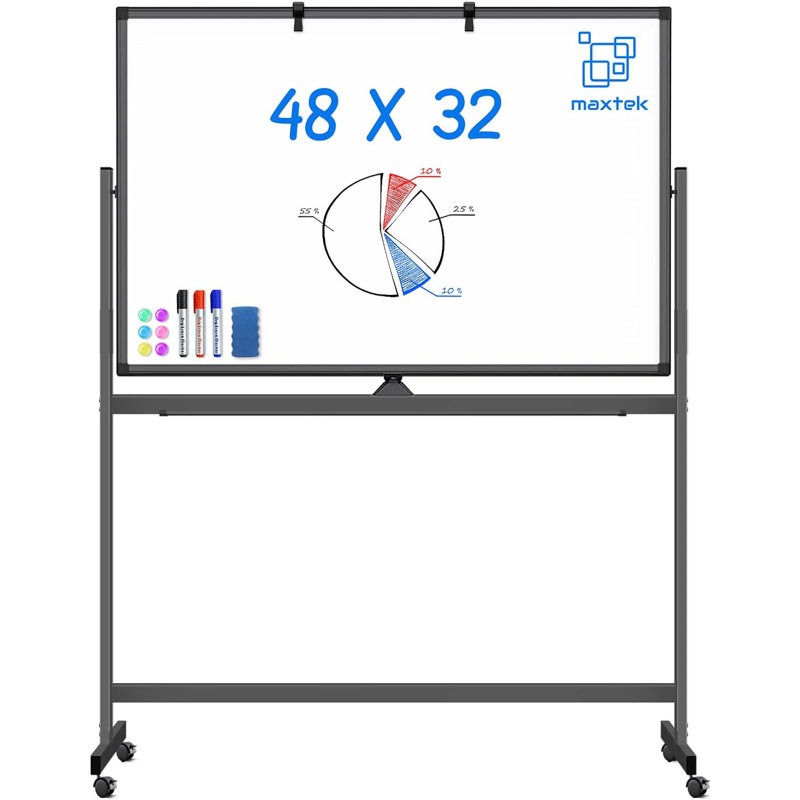 Large Rolling White Board Easel On Wheel, Maxtek 48X32 Inches Double-Sided Mobile Whiteboard, Reversible Magnetic Dry Erase Board Easel Standing Whiteboard On Wheels For Home Office Classroom