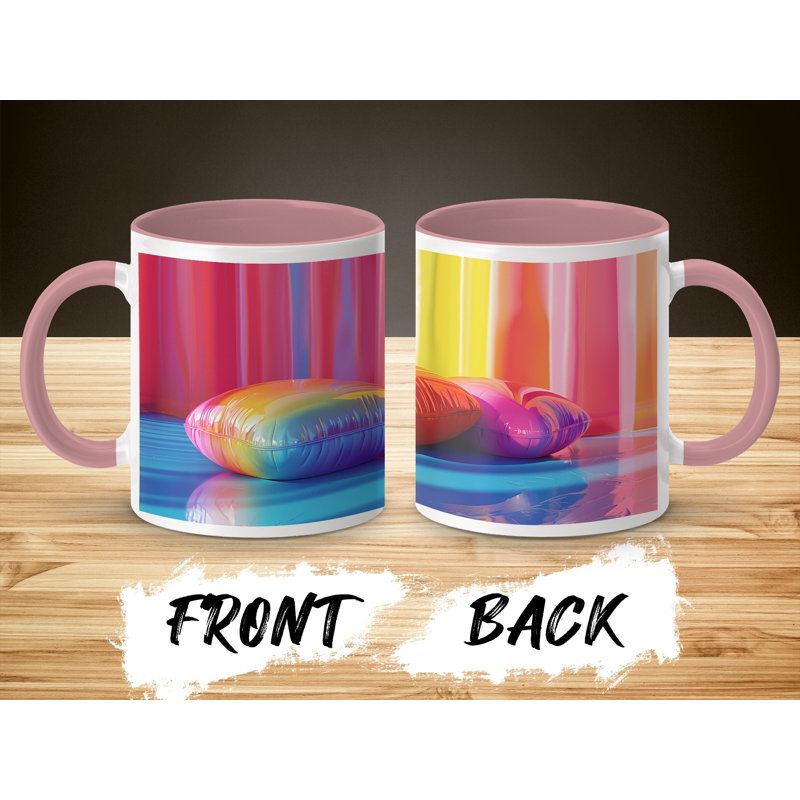Set of 2 3D Design 11oz Accent Mugs – Ceramic Coffee Cups with a Pink Handle and Interior