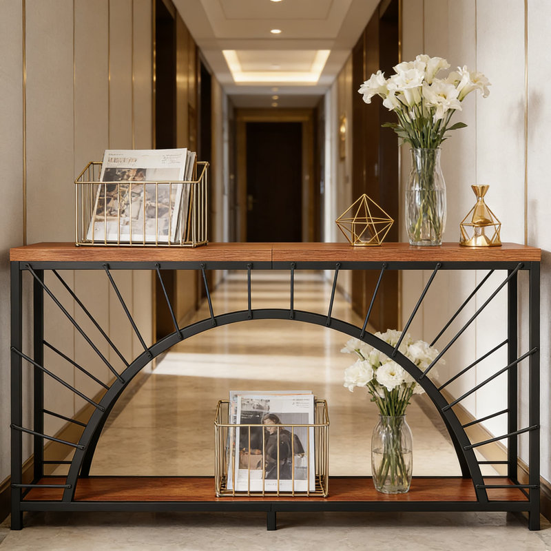 Console industrielle avec design réversible, étagère de rangement à 2 niveaux, très longue table de canapé derrière l'entrée, salon, couloir