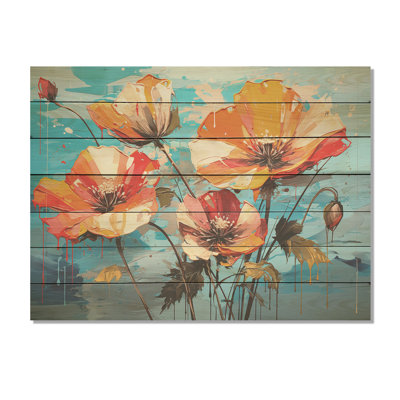 Orange And Blue Poppy Bouquet II - Poppies On Wood Print