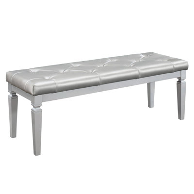 Glamorous Silver Finish Bench With Faux Leather And Foam Padding Upholstery Piece