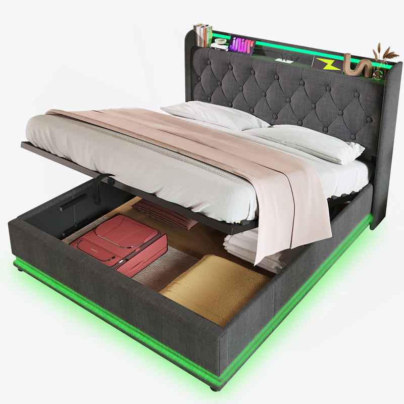 Lit rembourré avec fonction DEL à 360 degrés, boutons / applications / télécommande, rangement hydraulique et système de soutien solide pour un sommeil confortable.