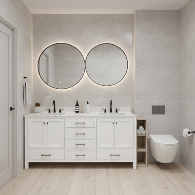 Meuble-lavabo 72 po, meuble-lavabo avec cadre en bois massif, comptoir autoportant avec 2 cuves blanc