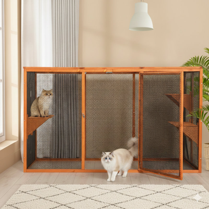 Enclos modulaire pouvant être démonté. Comprend un toit résistant aux intempéries et trois plateformes de saut surélevées. Finition en orange.