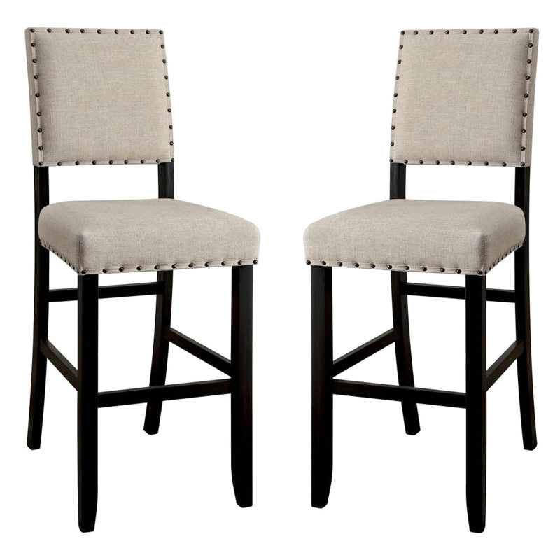 Chaises de bar à hauteur de comptoir, 2 pièces, touche rustique, tissu semblable au lin, bois massif, garniture cloutée, noir antique