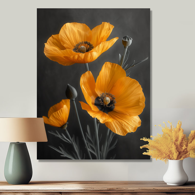 Coquelicots jaunes gris et gris Garden Party II - Coquelicots décoration murale, Métal métal, 40" H x 30" W