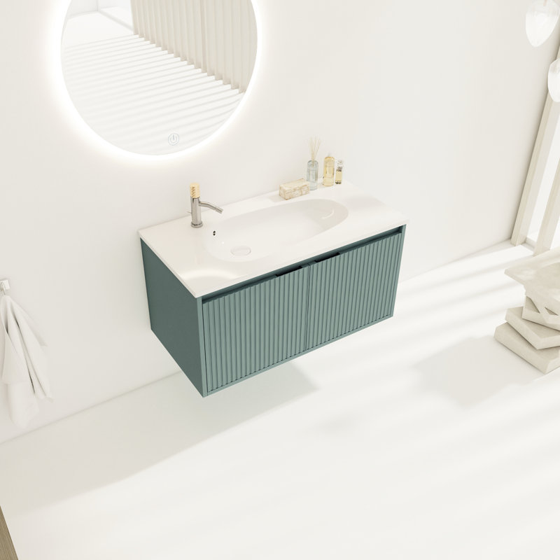 36" Wall Mounted Floating Bathroom Vanity With Drop-Shaped Resin Sink - Modern 2-Door Cabinet Spacious Storage Basin For Spaciousness