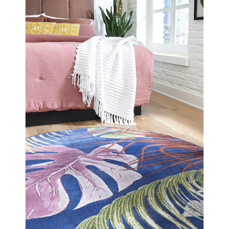 Tapis bleu marine / rose / jaune Lavern, Rond 10 pi