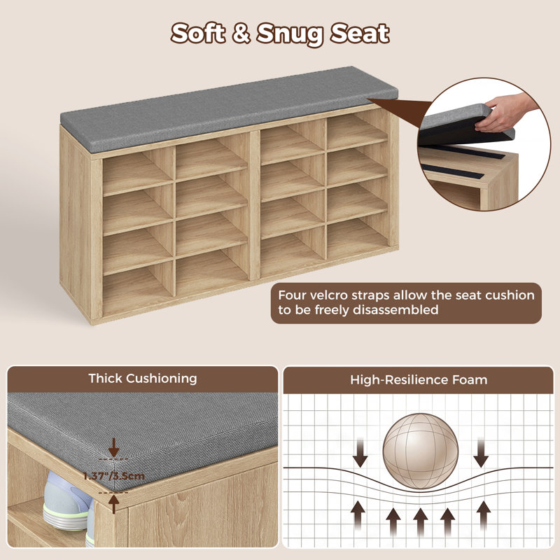 16 Pair Shoe Storage Bench, Brun / gris