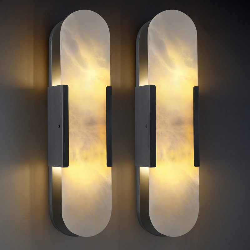 20" Dimmable Wall Mounted Sconce with Alabaster Shade (Set of 2), Matte Black