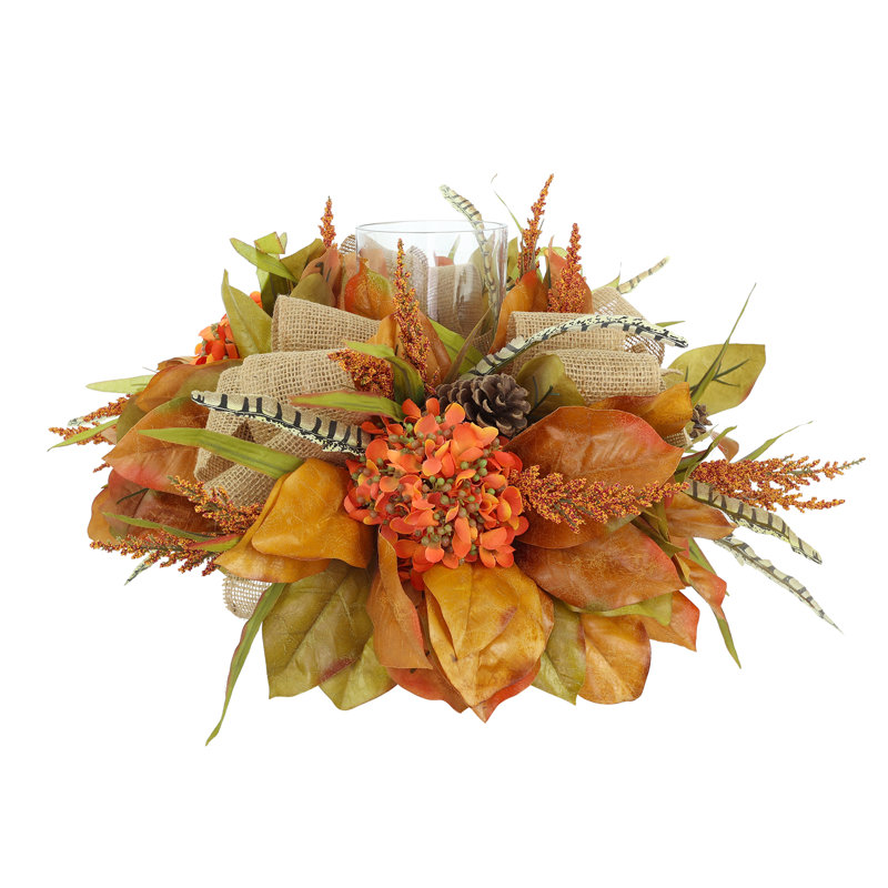 Fall Candleholder Centerpiece with Hydrangeas, Wheat and Pinecones
