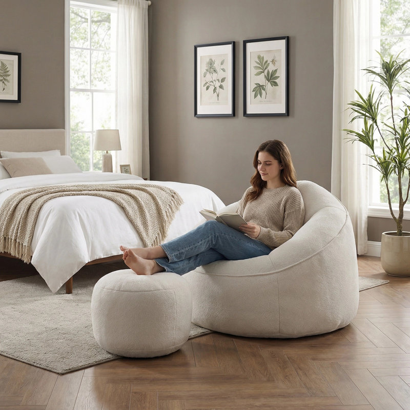 Oversized Round Bean Bag Chair with Ottoman, Memory Foam Lounge Chair for Living Room Bedroom, Beige