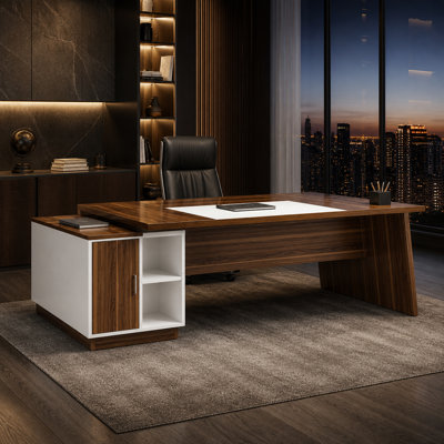 70.5" L-Shaped Executive Office Desk With Storage Cabinet & Shelves, Large Modern Mid-Century Computer Workstation For Home Office, Walnut & White