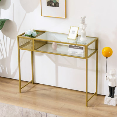 Maddyson 43'' Narrow Console Table with Glass Shelves and Gold Metal Frame