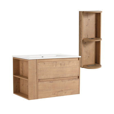 Meuble-lavabo mural avec lavabo et support de rangement, 2 tiroirs à fermeture en douceur, armoire combinée (-emballage)