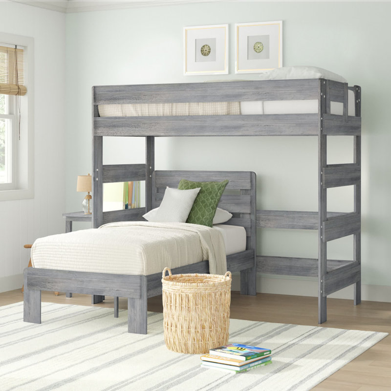 Doyle Solid Wood L-Shaped Bunk Bed with Desk, Twin, Driftwood