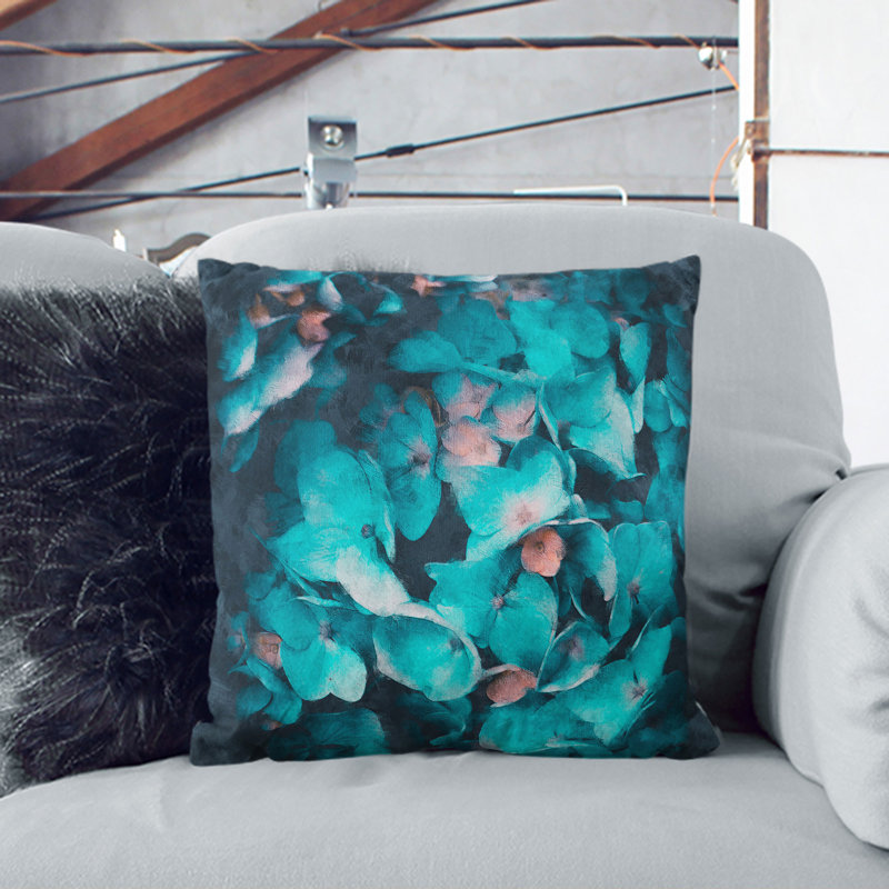 Teal Blue Hydrangeas Painting Square Throw Cushion, Black, 40cm H x 40cm W x 15cm D
