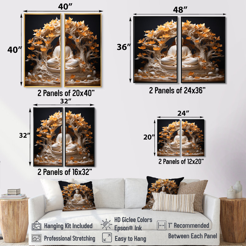 Bouddha blanc dans un arbre en fleurs orange - bouddhisme spirituel, impressions sur toile, H 36 po x l 48 po, Toile tendue