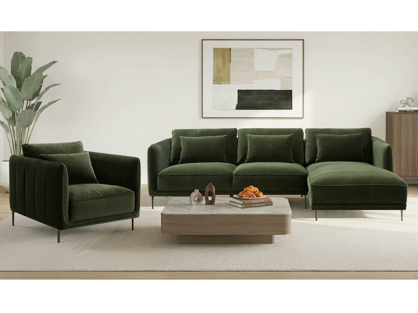 Rae 3-Piece Velvet Living Room Set, Right Hand Facing, Military Green