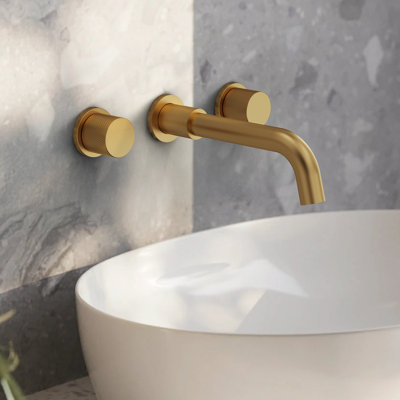 Wall Bathroom Faucet 3 Hole,Bathroom Sink Faucet with Drain Assembly, Brushed Gold