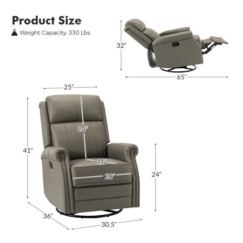 Anouschka 30.5" Wide Swivel Rocking Genuine Leather Manual Recliner, Gray Genuine Leather