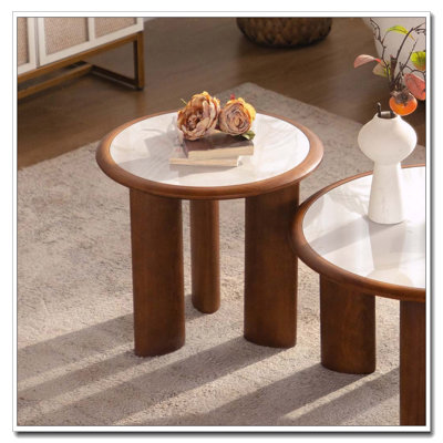 19.49 Inch Round Sintered Stone Coffee Table with Solid Wood Rim
