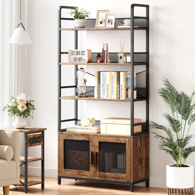 Industrial Bookshelf with Doors, 70.87" Tall Rustic Bookcase with 4 Open Shelves, Farmhouse Metal Frame Cabinet