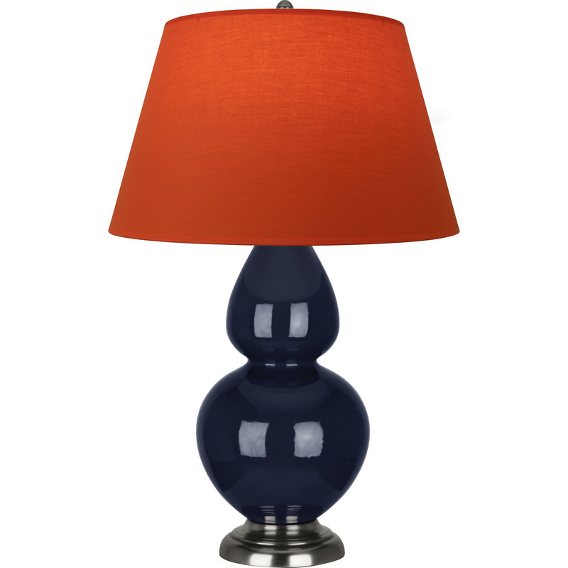 Lampe de table double gourde en céramique, Bleu minuit émaillé / argent antique, Tangerine / doublure taupe, Argent argent