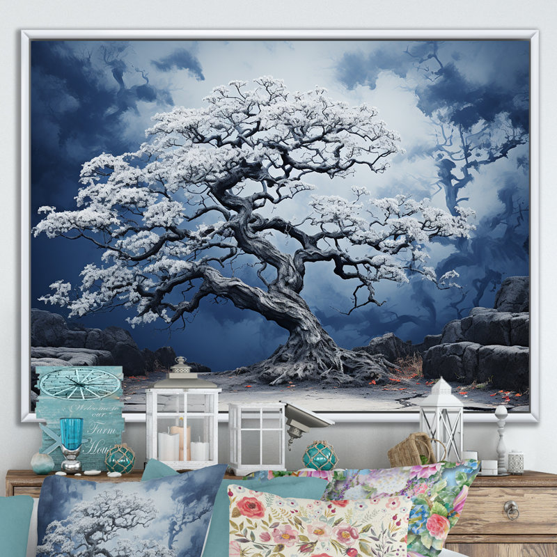 Éveil fauve de chêne bleu sur toile, Cadre flottant blanc, H 16 po x l 32 po x P 1 po