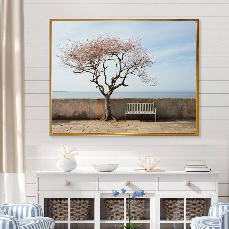 «Solitude Bench At The Beach» - art mural toile plage et océan, H 16 po x l 32 po x P 1 po, Cadre flottant doré