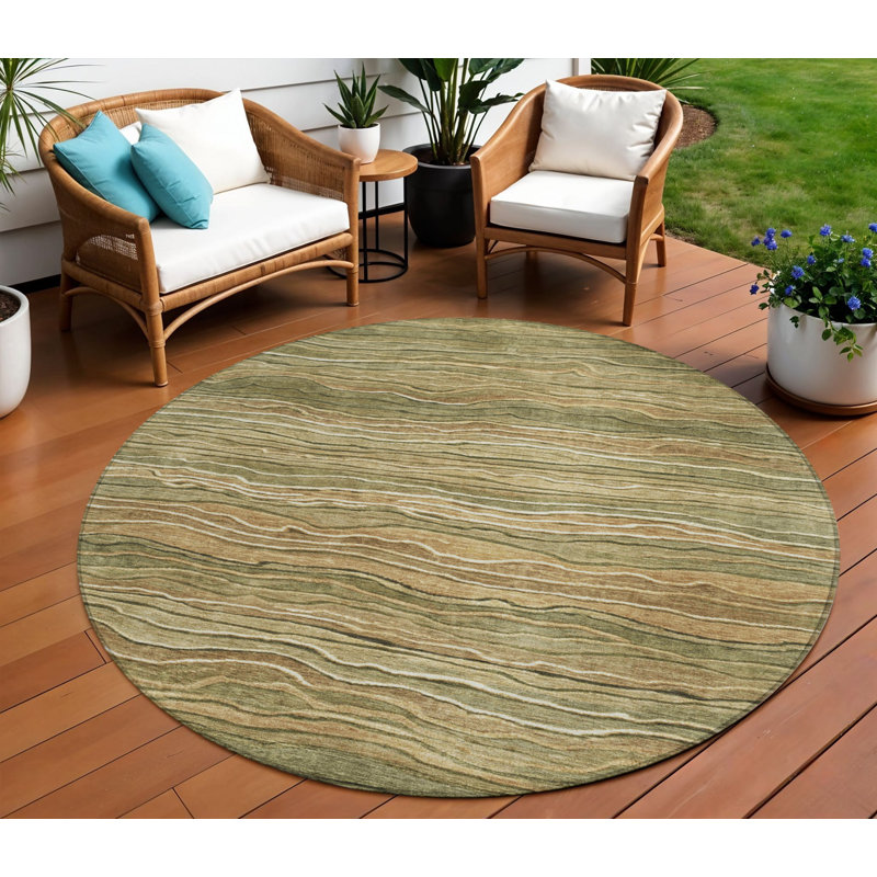 Tapis extérieur rond lavable abstrait vert fougère et taupe 8 pi Everette