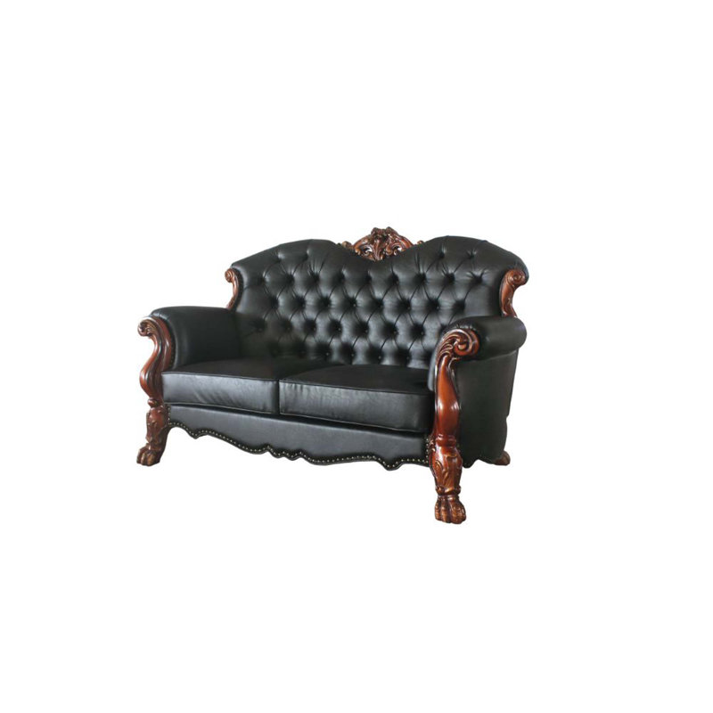 Cherry Oak Faux Leather Tufted Loveseat with Nailhead Trim